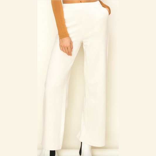 Cream Wide Straight Leg Pants with Elastic Waist and Side Pockets