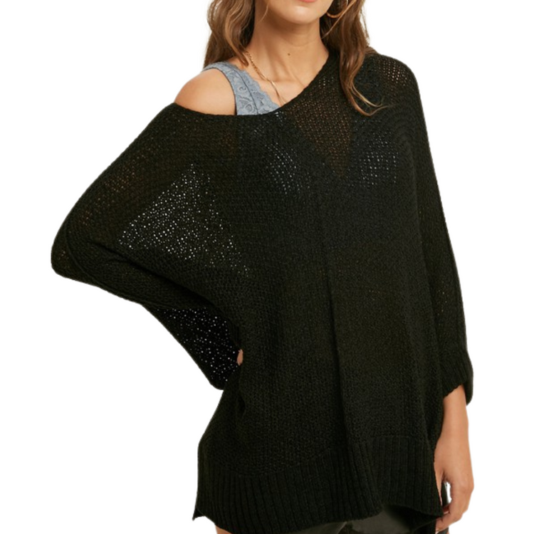 Comfy Knit V Neck 3/4 Cuff Sleeve Sweater with Side Slits