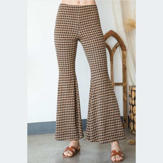 Black Taupe Houndstooth Flare Bell Bottom Stretch Pants