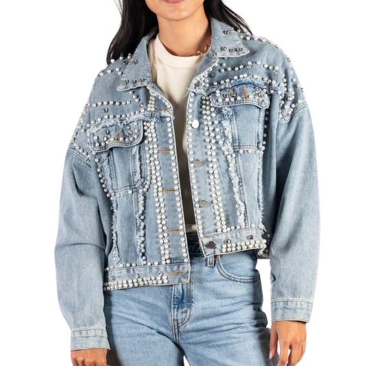 Denim Jacket with Pearl Embellishments