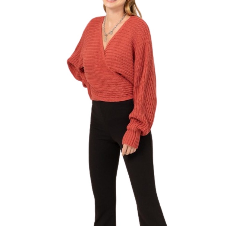 Cable Knit Baked Clay Wrap Long Dolman Sleeve Sweater