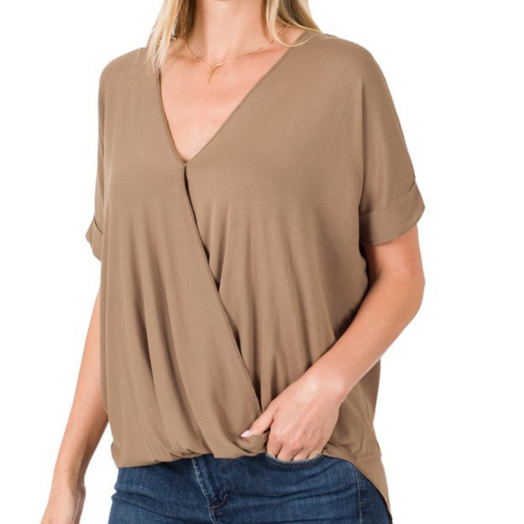 Mocha Brown Criss Cross Layered Draped Front Hi-Low Top