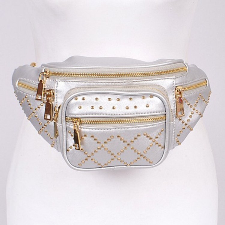 Gold or Silver Multi-Zipper Fanny Pack with Gold Studs and Chain Strap/Belt