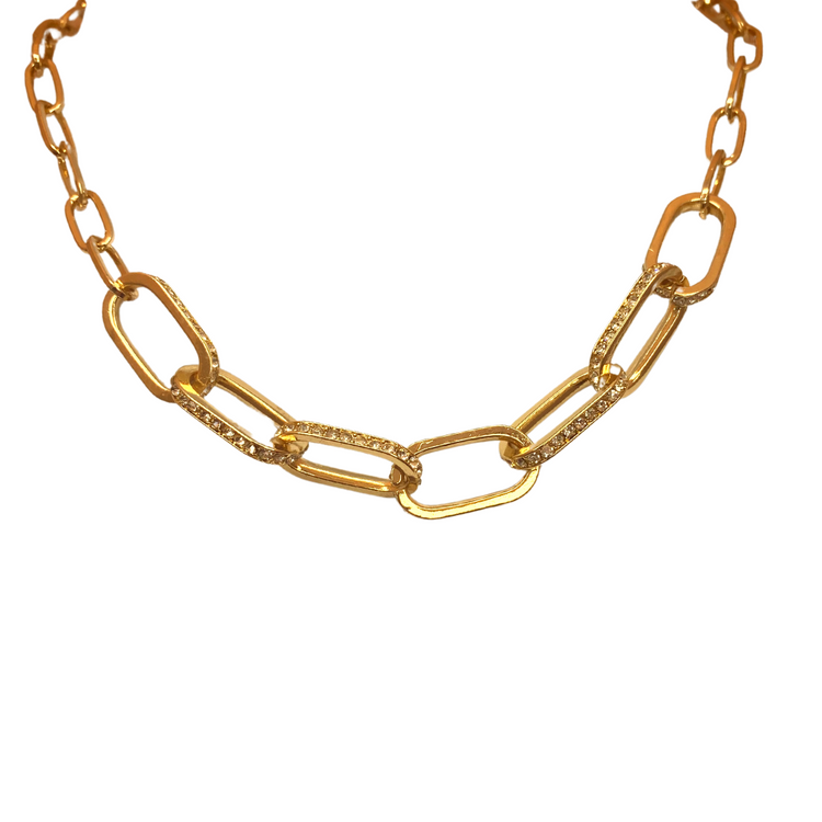 Gold Paperclip Adjustable Length Chocker Necklace with with Crystal Studded Chainlink Design