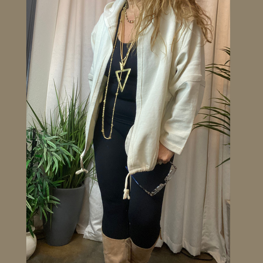 Cozy Cream Open Front Hoodie Jacket with Drawstring Waist and Side Pockets