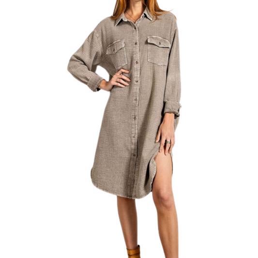 Gray Mushroom Long Cotton Gauze Mineral Washed Button Down Shirt Dress