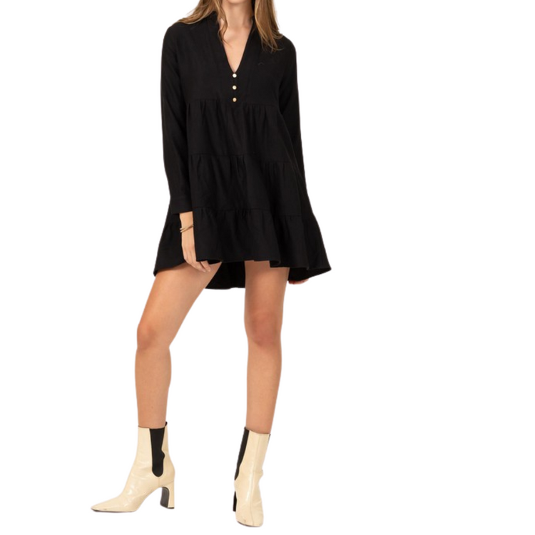 Black Tiered Corduroy V-Neck Shirt Dress