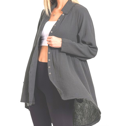 Charcoal Gray Raw Edge Gauze Button Down Hi-Low Babydoll Long Sleeve Top