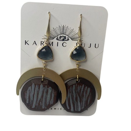 Long Dangle Abstract Earrings with Gray Beveled Glass Followed by Gold Crescent Shape to Carved Wood Circle Drop