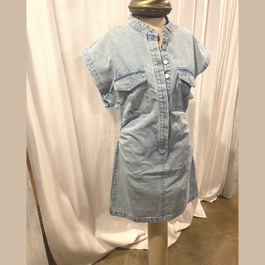 Button-Up Washed Denim Mini Dress with Pleats at Waist