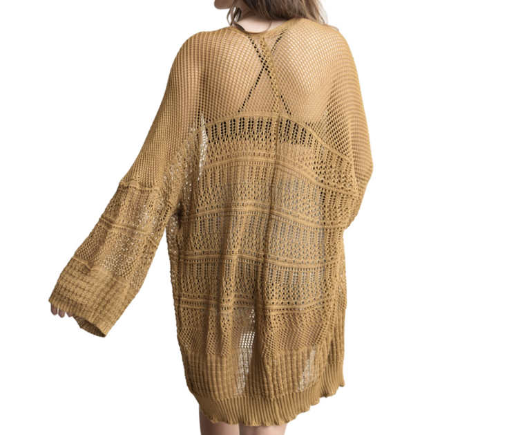 Tan Bronze Shear Knitted Sweater Kimono Pancho