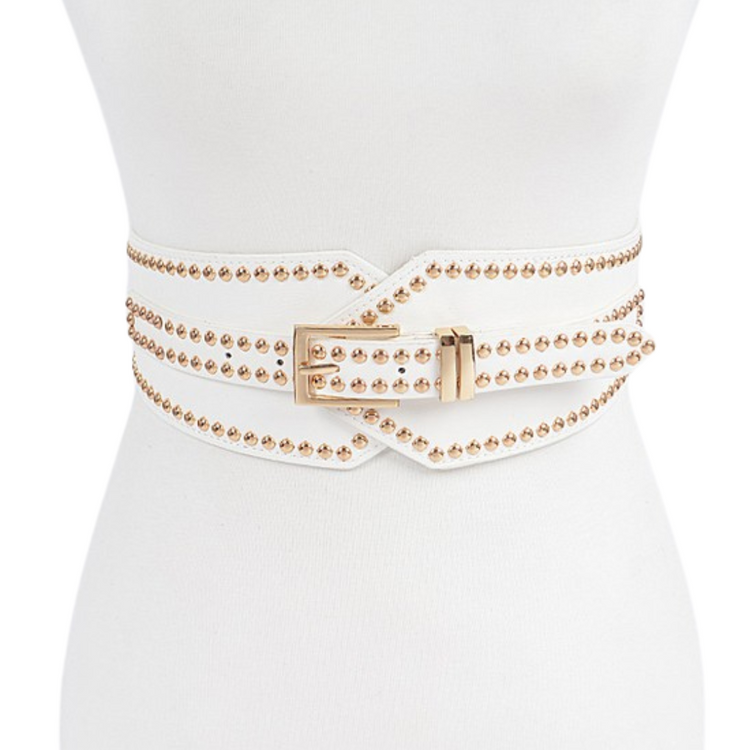 Thick White Elastic Stretch Belt with Gold Studs