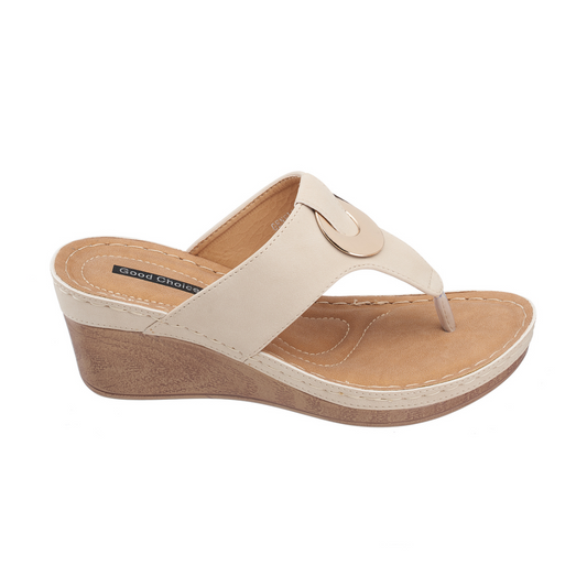 Ivory Wedge Sandal with Gold Circle Detail