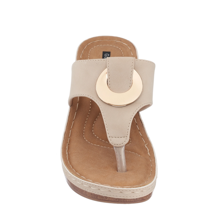 Ivory Wedge Sandal with Gold Circle Detail