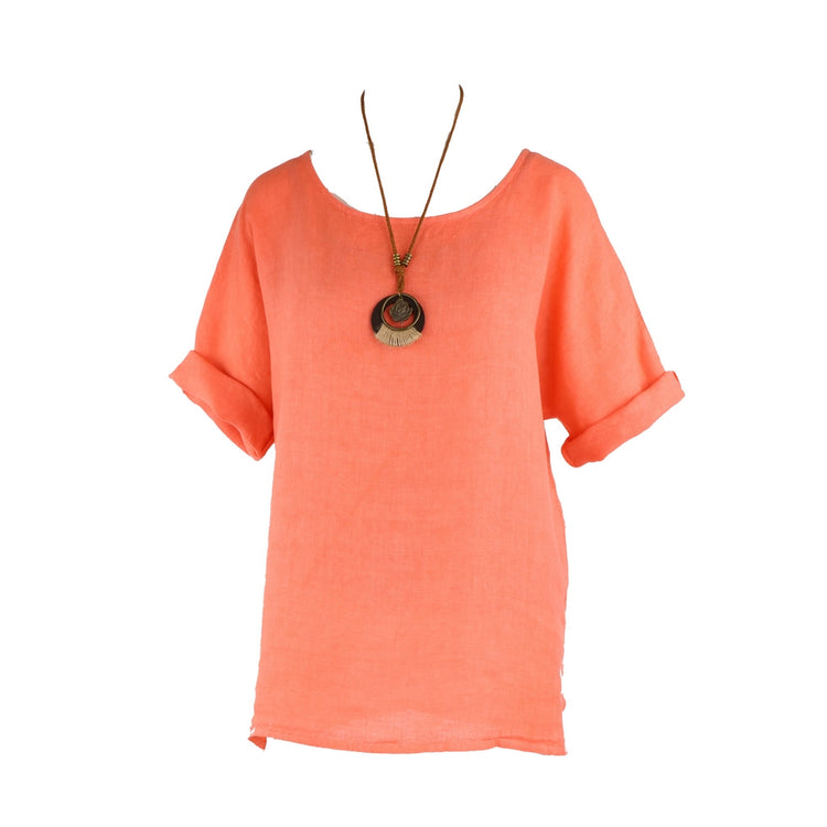 Coral Plain Linen Tunic with Necklace