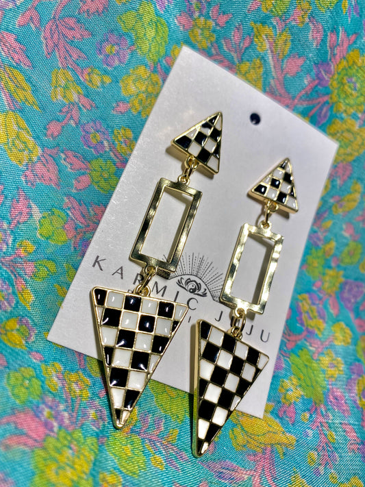 Alina Checkered Pendant 14k Gold Textured Drop Checkered Stud Earrings