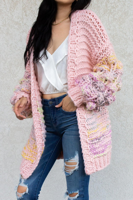 Hand-Knit Multicolor Bubble Sleeve Cardigan