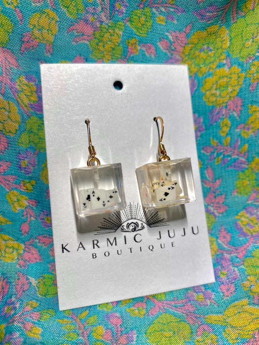 Alina Transparent Cube & Playing Cards 14k Gold Hook Earrings