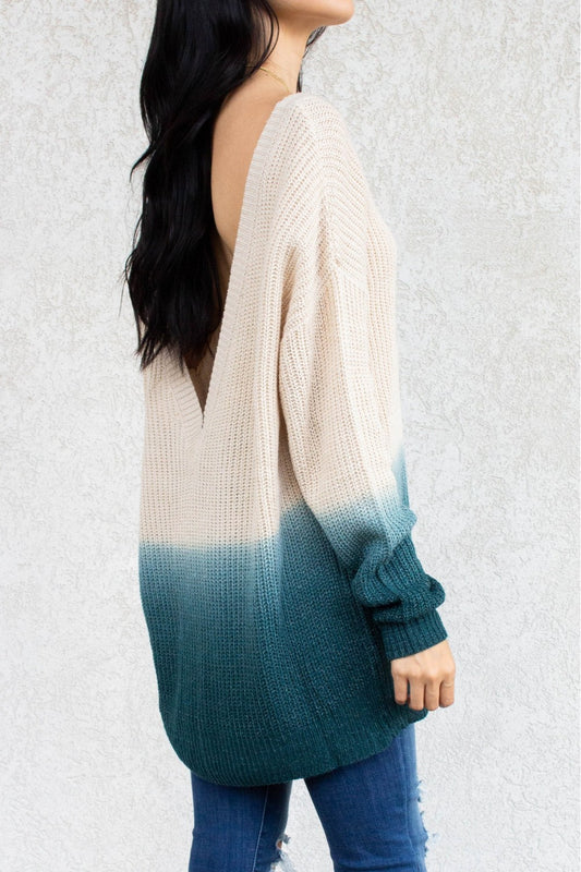 Blue Ombre Dip Dye Sweater with Low Back