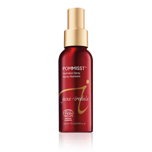 Jane Iredale Pommist Hydration Spray A facial spritz with the added benefit of Pomegranate Extract, a powerful antioxidant that helps fight free radical production caused by sun exposure. Hydrates and conditions all skin types. Use to set mineral foundation and help to conceal pores and fine lines. Delivers powerful antioxidants. Awarded ECOCERT’s Natural and Organic Cosmetic certification.